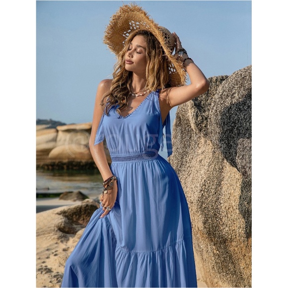 Blue Maxi Dress V-Neck Flared Flowy Tie Straps Embroidered Trim - Picture 5 of 7